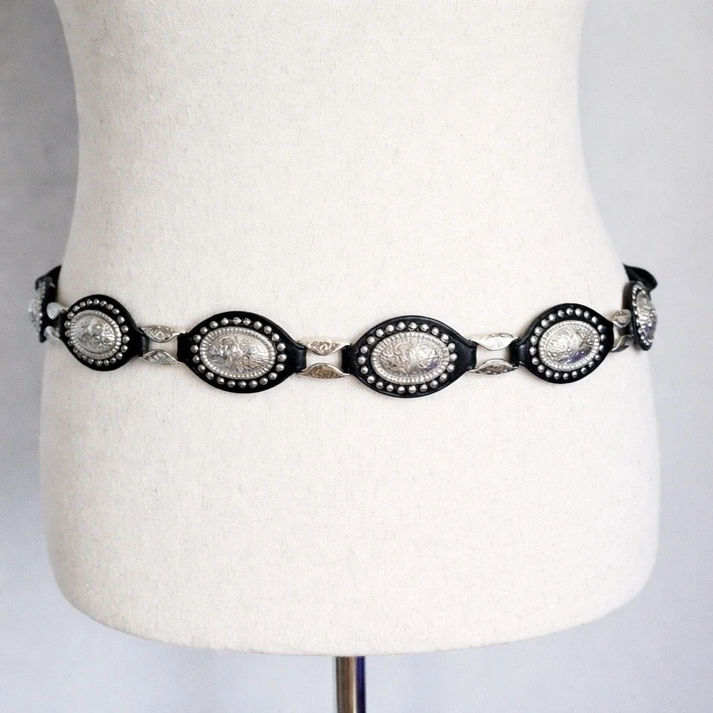 Haute Hippie New Black Silver Concho Vegan Leather Western Statement Belt XL
